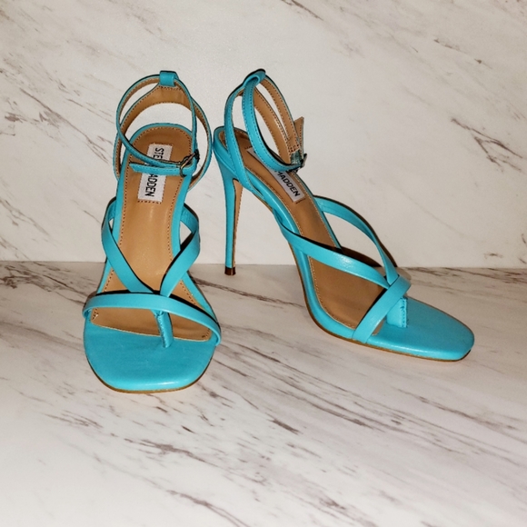 STEVE MADDEN Amada Teal Leather High Heel Sandals - Picture 4 of 9